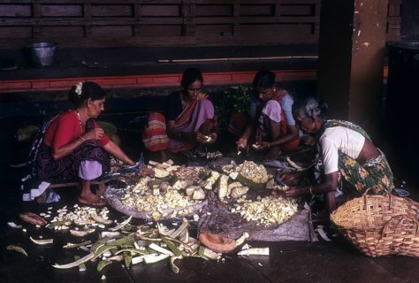 Women cutting raw jackfruit to make side dish of lunch at Madhur Sri Anantheshwara Vinayaka Temple