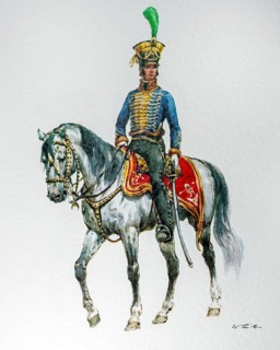 Austrian Cavalry Officer on Horseback in Hungarian Campaign Uniform from 1837