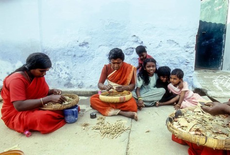Women rolling Beedis by sitting