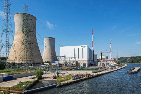 Cooling towers of the Tihange nuclear power plant along the Meuse near Huy