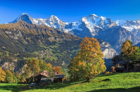 View in autumn from Sulwald of the village of Wengen