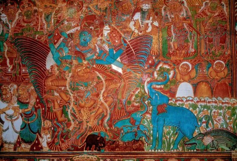 18th Century Gajendra Moksha mural in Krishnapuram Palace at Kayamkulam