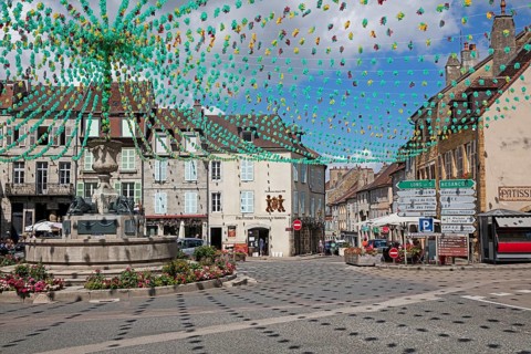 Fountain at the decorated place de la Liberte