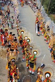 Naga tribesmen participating in the stone-pulling ceremony during the Kisima Nagaland Hornbill Festival