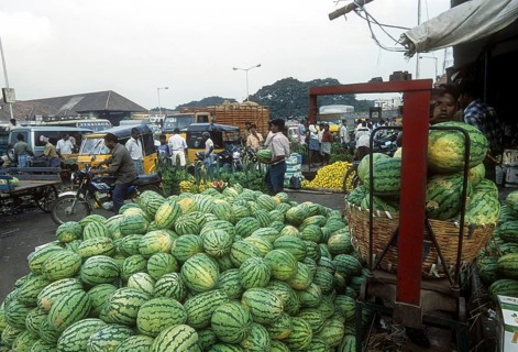 Watermelon for sale at Koyambedu whole sale vegetable and fruit market is one of Asia's largest perishable goods market complex located in Chennai Madras