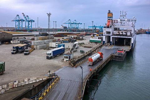 Truck boarding the RoRo freighter mv Bore Song
