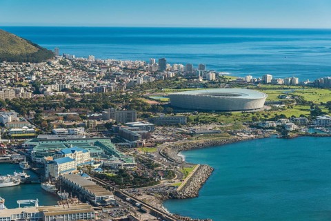 Aerial view with the harbour and the Green Point Stadium