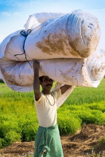 Nepalese man from the Tharu ethnic group carrying large handkerchief roll on his head