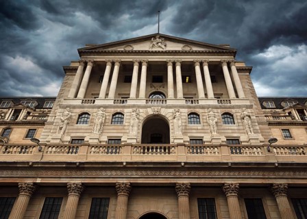 Bank of England under storm clouds. Threadneedle Street