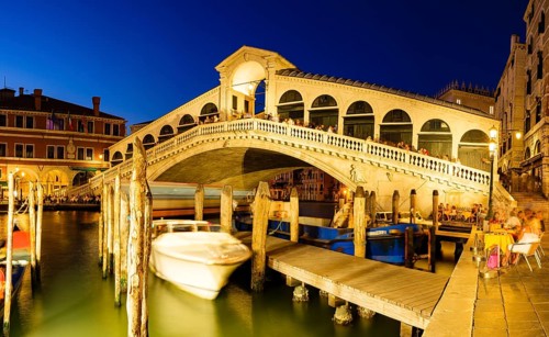 Rialto Bridge on the Grand Canal at dusk