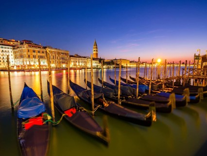 Gondolas on the Grand Canal at dawn