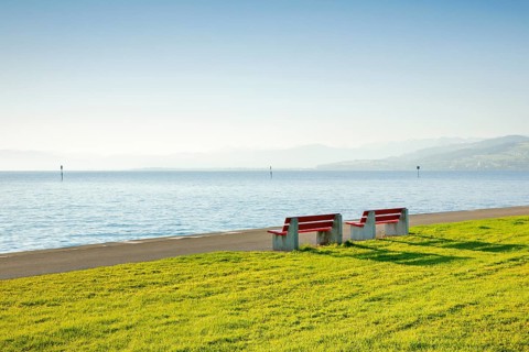 Two benches on the shore of Lake Constance near Arbon in Thurgau