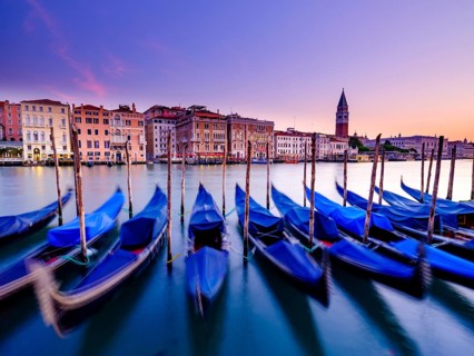 Gondolas on the Grand Canal at dawn