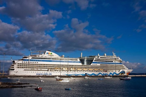 Cruiser Aida Blue docked in harbor of Puerto del Rossario