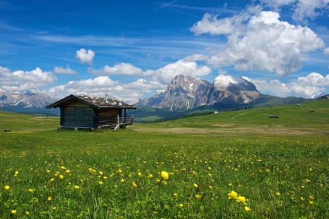 Alpine huts on the Alpe di Siusi with the Sella Group