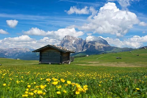 Alpine huts on the Alpe di Siusi with the Sella Group