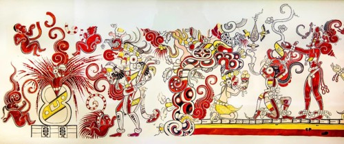 Multicoloured mural with mythological scenes