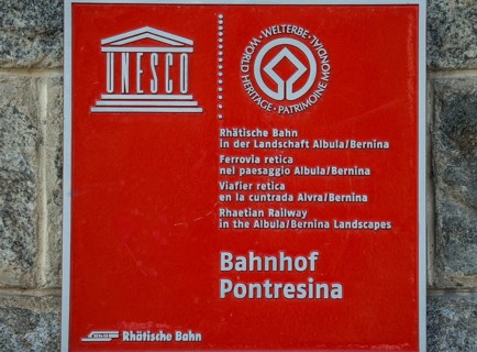 Unesco sign Pontresina railway station