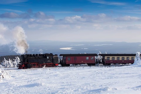 Narrow-gauge railway Brockenbahn on summit in front of Brocken station
