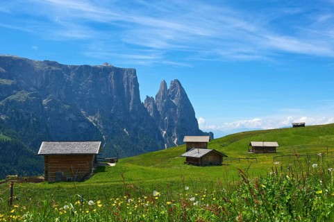 Alpine hut on the Alpe di Siusi with Sciliar