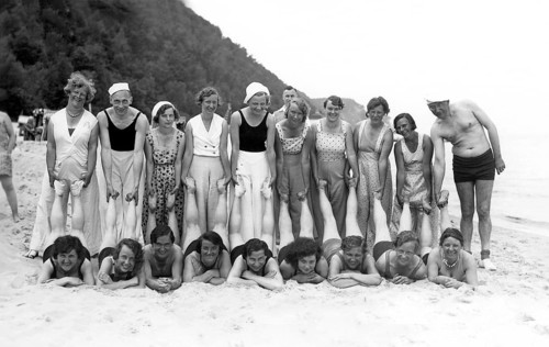 Group with bathers on the beach