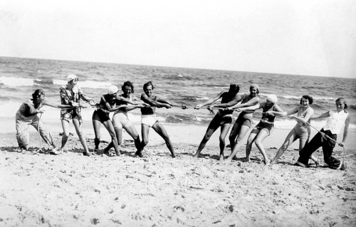 Group with bathers on the beach