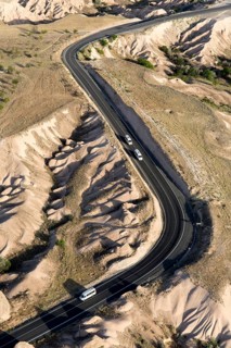 Street view from hot air balloon flying over Cappadocia