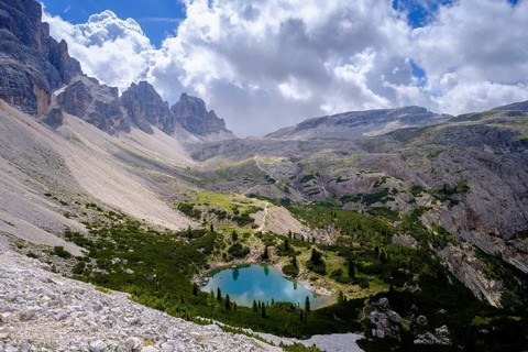 View from the Forc dl Lech saddle of Lago di Lagazuoi
