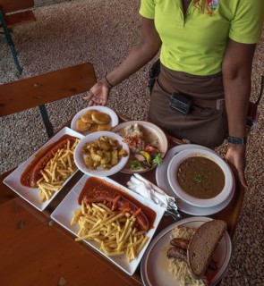 Food served on a tray in a beer garden