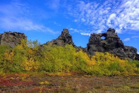 Dimmuborgir lava formation with autumn-coloured birch vegetation
