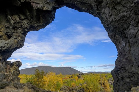 Lavator with tuff ring Hverfjall and autumn coloured birch vegetation