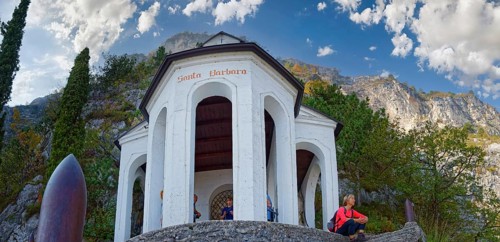Chapel and viewpoint Santa Babara with hiker
