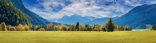 Lake Resia panorama with Ortles mountain range