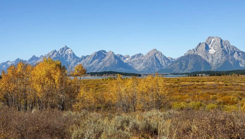 Mountain panorama with Mount Moran and Grand Teton peaks
