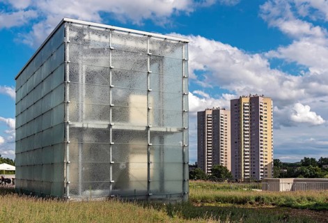 Modernist Osiedle Gwiazdy estate and glass cube of New Silesian Museum