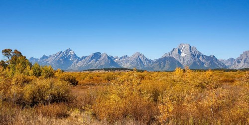Mountain panorama with Mount Moran and Grand Teton peaks