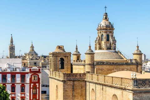 View of Annunciation Church and Cathedral of Seville in the capital city of Andalusia