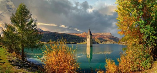 Church tower in Lake Reschen