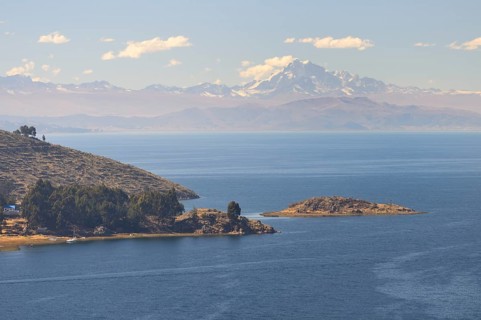 View over Lake Titicaca to the Cordillera Real mountain range