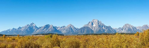 Mountain panorama with Mount Moran and Grand Teton peaks