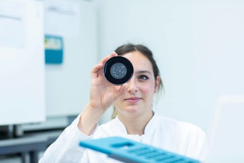 Lab technician with sample in petri dish working in a lab with lab equipment