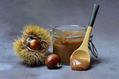 Chestnut cream in glass and sweet chestnuts