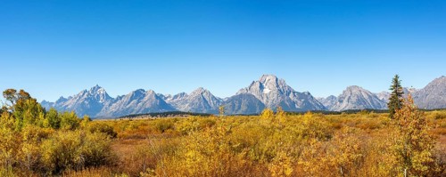 Mountain panorama with Mount Moran and Grand Teton peaks