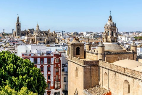 View of Annunciation Church and Cathedral of Seville in the capital city of Andalusia
