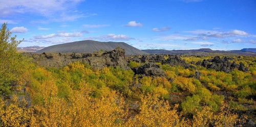 Tuffring Hverfjall with autumn coloured birch vegetation