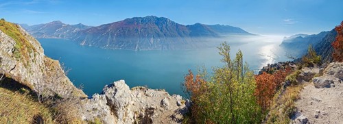 View from the western shore of Lake Garda with the mountain range Monte Baldo