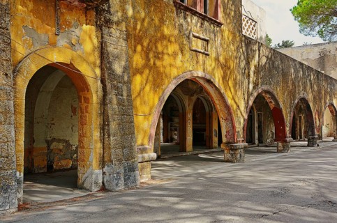 Dilapidated arcade building