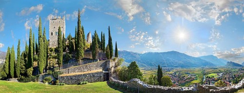 Medieval castle ruins Castello di Arco and valley view to Valle de Sarco
