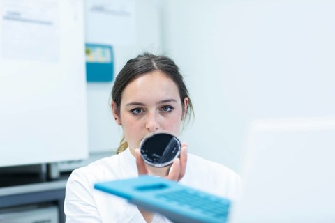 Young laboratory assistant with sample on petridish works in a laboratory with laboratory equipment