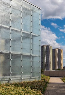 Modernist Osiedle Gwiazdy estate and light cubes of New Silesian Museum